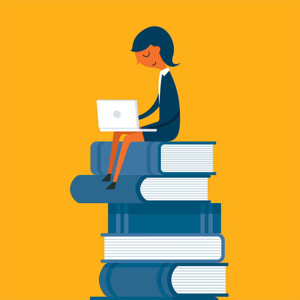 cartoon of person on laptop sitting on stack of books