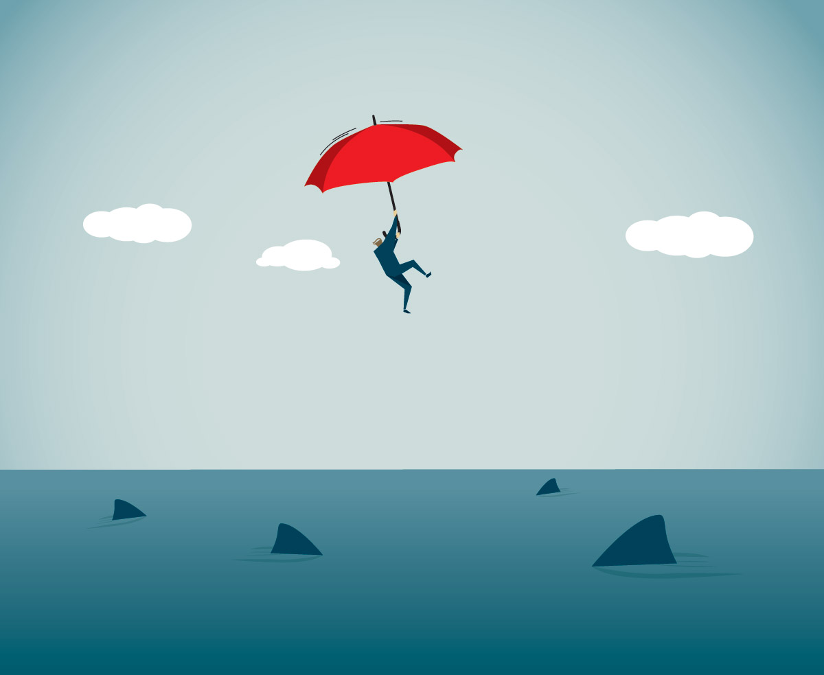 cartoon of person hanging onto umbrella as they float towards water with sharks