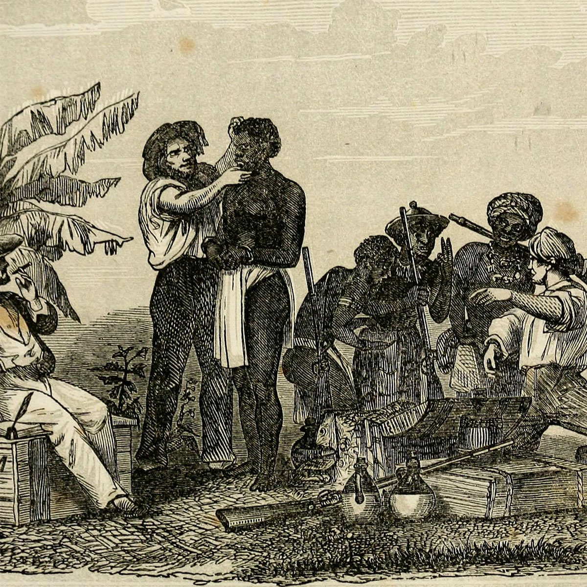 illustration of slaveholders evaluating slaves for sale